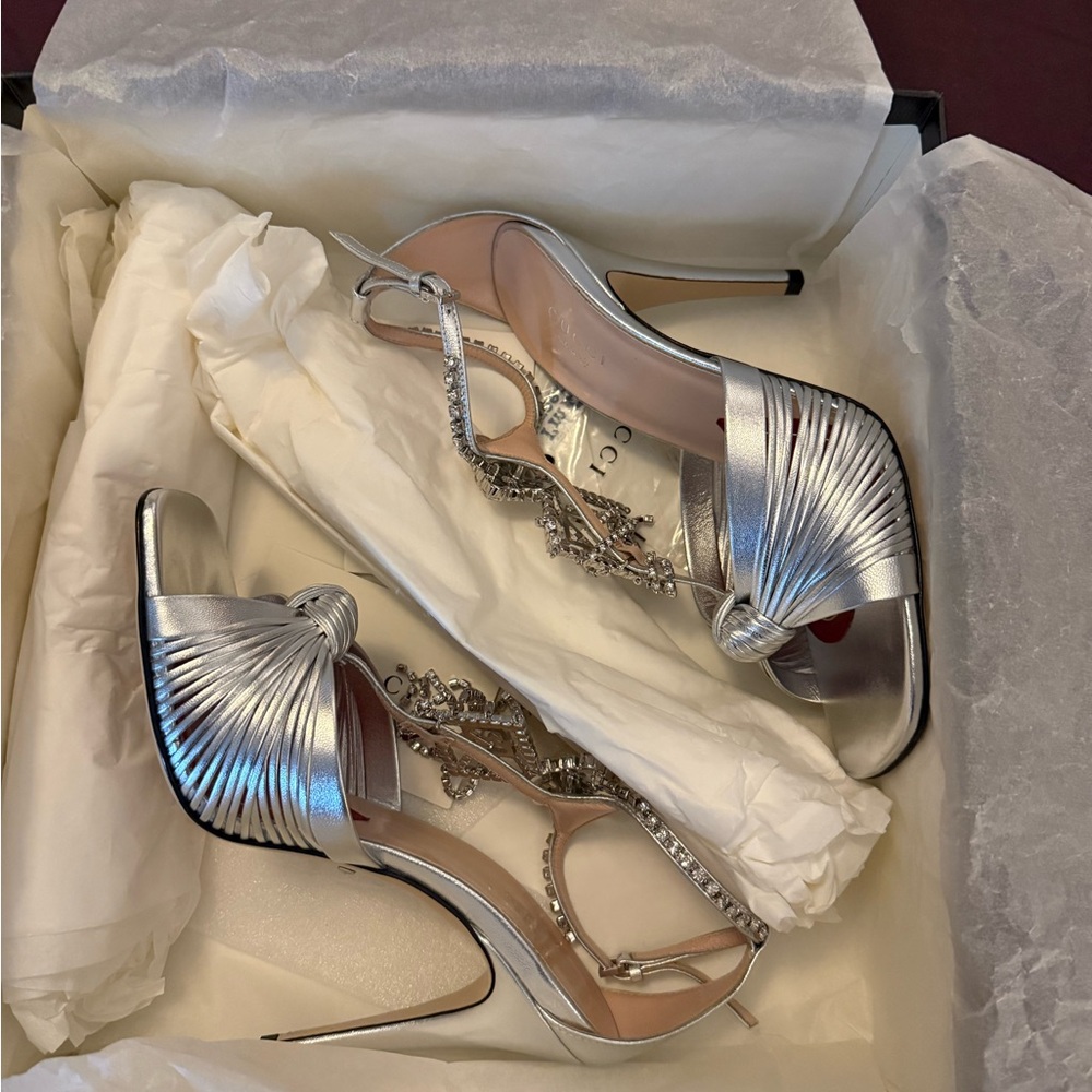 GUCCI Metallic Nappa Crystal Crawford Strap High Heel Sandals Silver